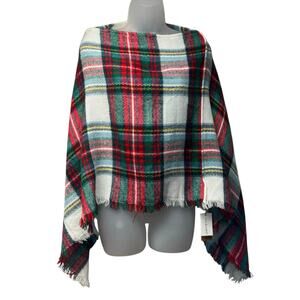 Brand New w/ Tags Paper Store White Red Green Tartan Plaid Soft Poncho One Size